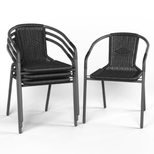 amopatio outdoor dining chairs set of 4, wicker patio chairs with metal frame, rattan indoor-outdoor chairs for bistro, deck, yard, porch, restaurant stack chair 4 pack black