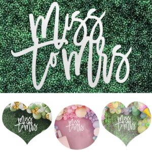 white miss to mrs sign wood party banner for bridal shower decor, bachelorette party backdrop, engagement, wedding, couples, greenery hedge wall, photo backdrop