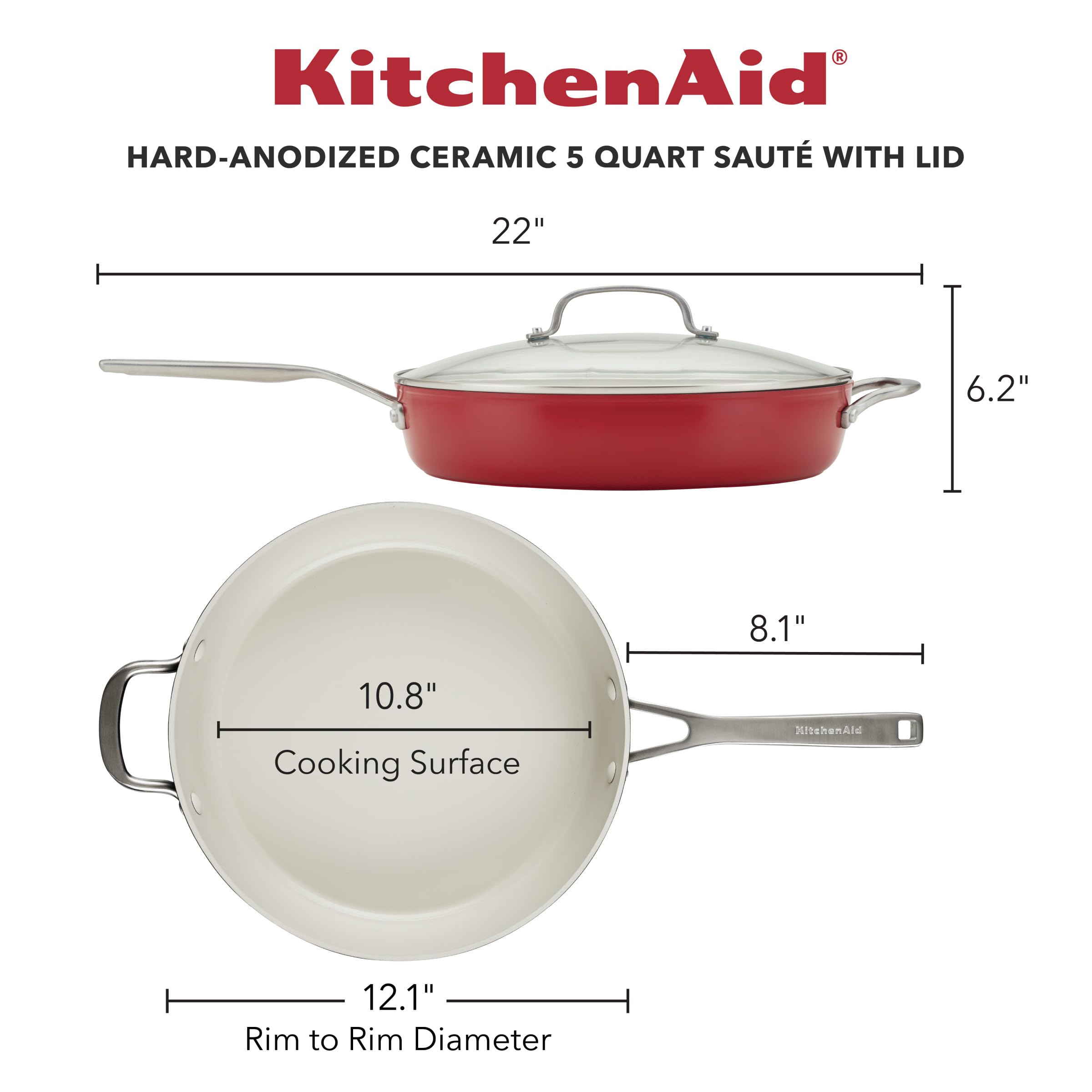 KitchenAid Hard Anodized Ceramic 5-Quart Nonstick Sauté Pan with Shatter-Resistant Lid & Riveted Handle – Durable, Even Heating, Easy Clean, Oven Safe to 500°F, Empire Red