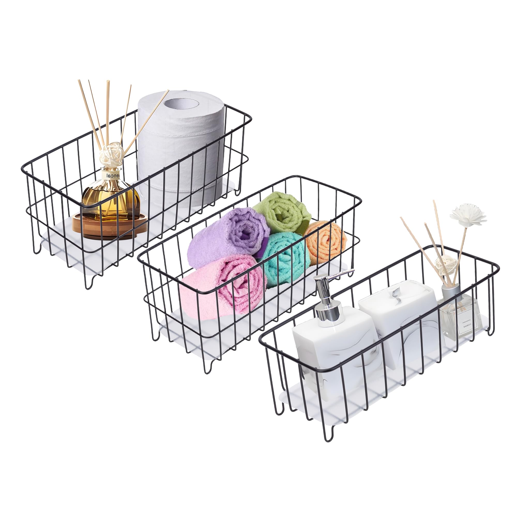 TIEYIPIN Farmhouse Decor Small Metal Wire Storage Organizer Basket Bins - Black (Set of 3)