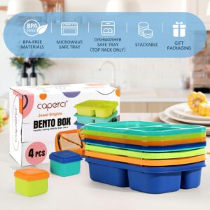 Caperci Bento Lunch Box Containers for Adults & Kids - 3-Compartment Reusable Meal Prep Containers with 2Pc Sauce Containers for School, Work, Travel, Wheat Straw, Set of 4 (Jewel Brights)