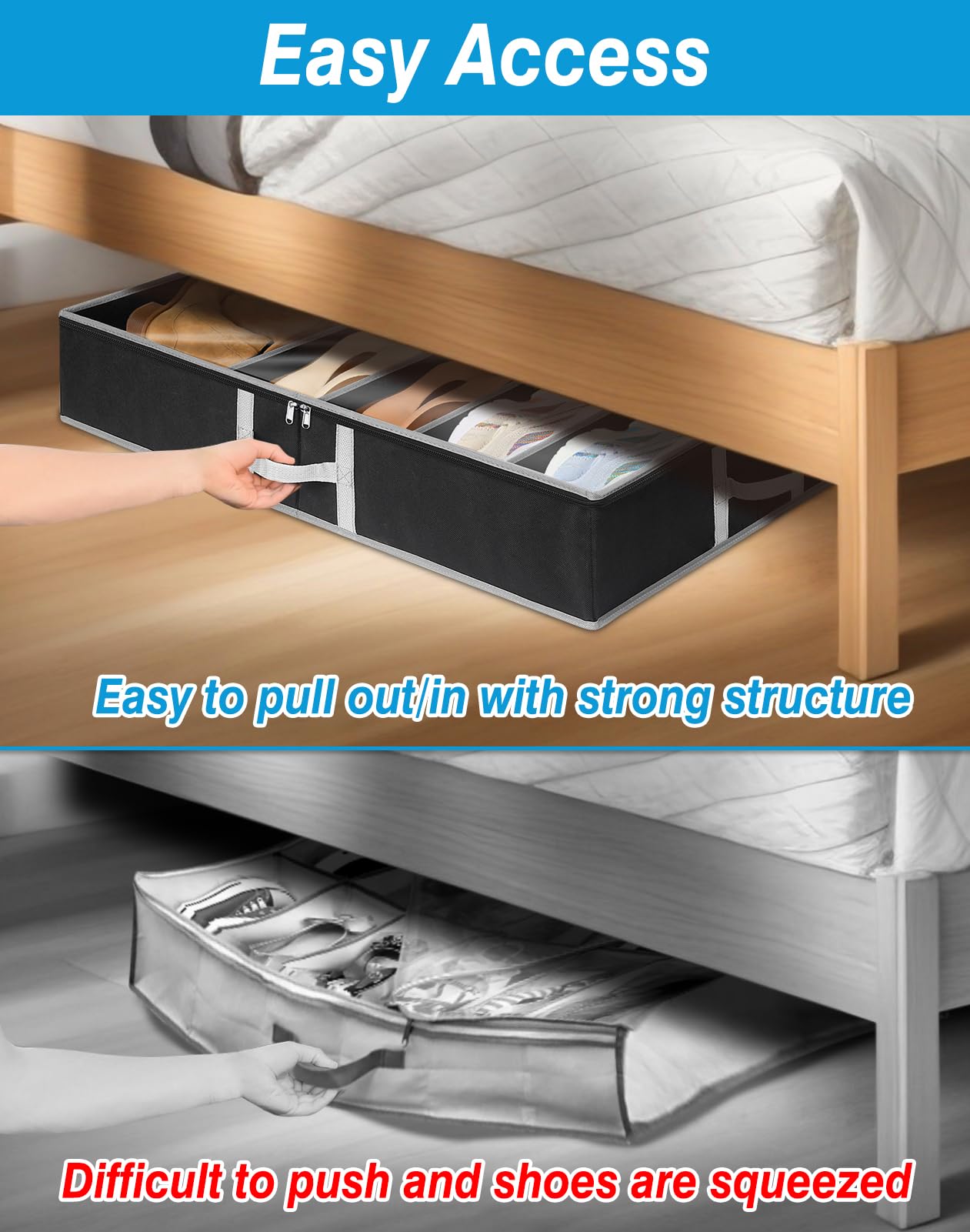 boailydi Under Bed Shoe Storage, 2 Pack Adjustable Velcro Shoe Organizer Under Bed With Bottom & Side Support, Sturdy Structure Underbed Shoe Storage Container with Cover, Space-Saving Shoe Box