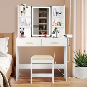 qualikraft vanity set with mirror and stool and lights, vanity desk with mirror & power outlet,vanity desk with drawers, white vanity with lighted mirror，dressing table set with 2 large drawers