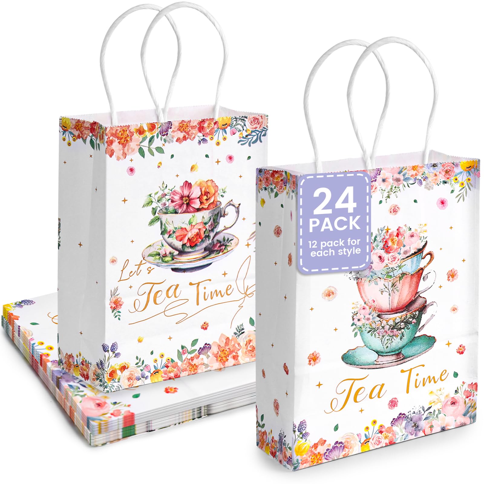 JOHOUSE 24PCS Tea Party Gift Bags, 5.5" x 2.8" x 8" Paper Bags Gift Bags Party Favor Bags Goodie Bags with Handles for Party Gifts Kids