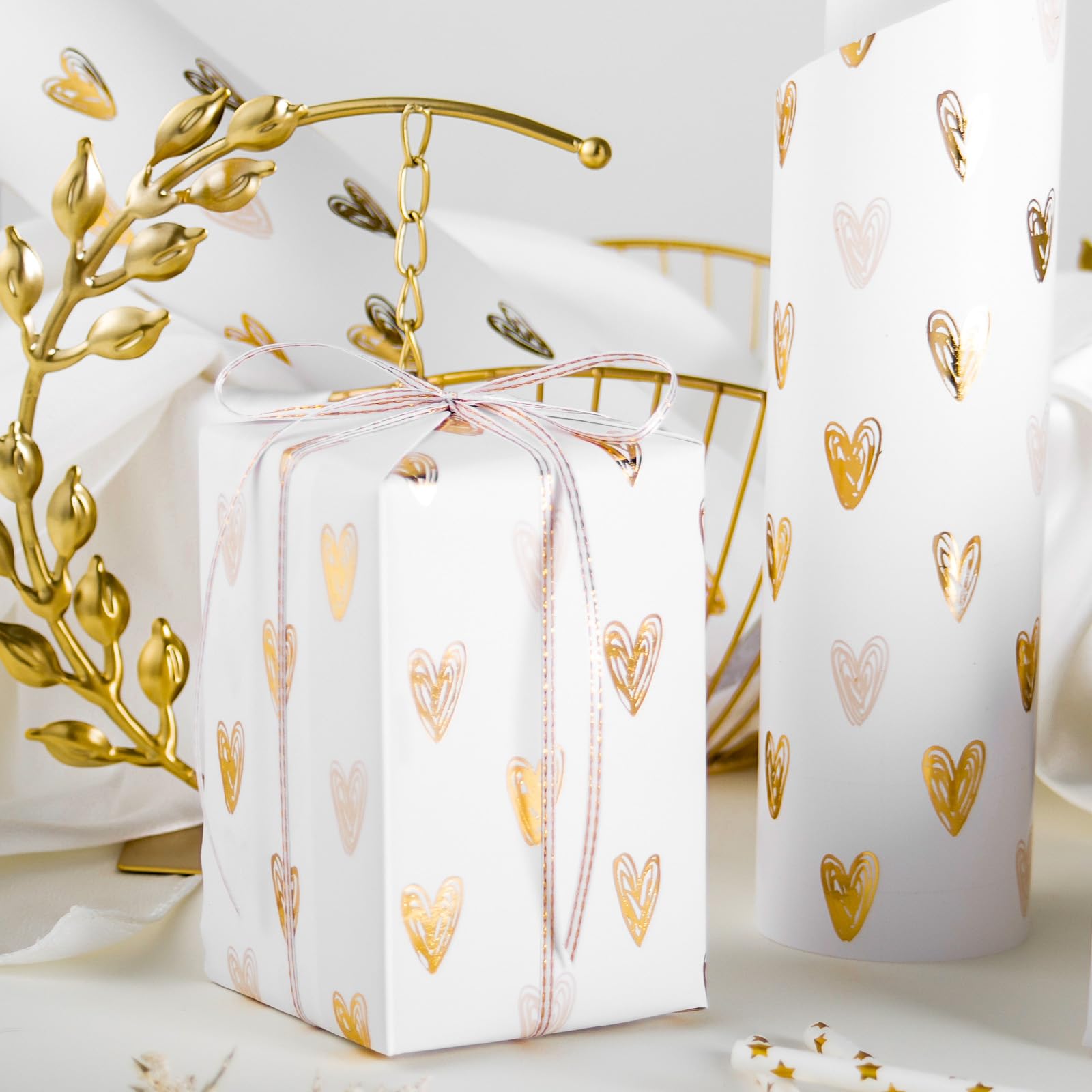 MAYPLUSS Foil Hearts Wrapping Paper Roll - 17 Inch X 33 Feet - Luxury Metallic Golden Heart Design Holiday Gift Wrap Present Paper for Valentine’s Day, Birthdays, Wedding, Anniversaries