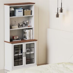 blini 5 Shelf Tall Bookcase with Glass Doors White Bookshelf 31in Wide Display Standing Storage Shelf 72in Tall Wood Book Shelves for Bedroom Living Room Office Library