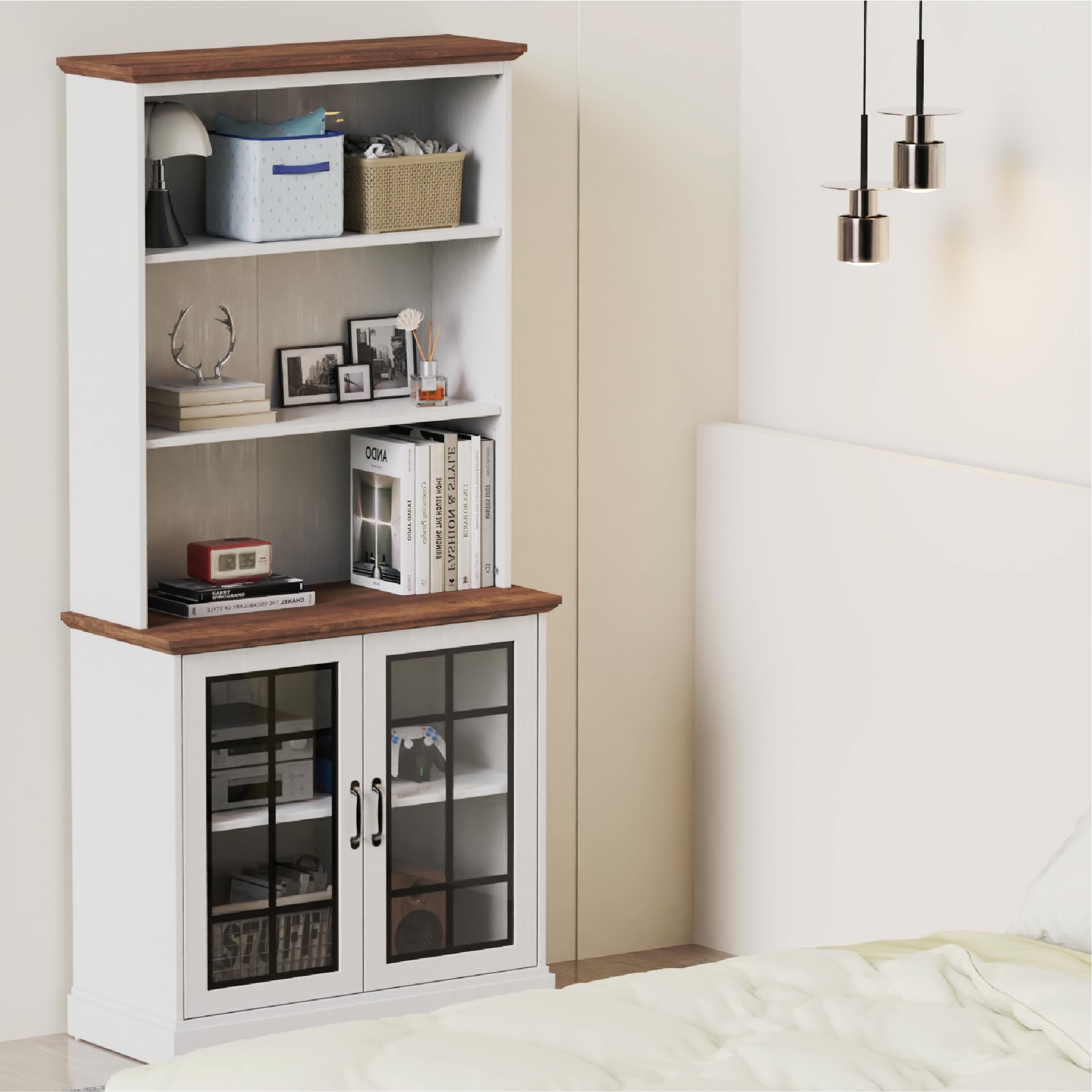 blini 5 Shelf Tall Bookcase with Glass Doors White Bookshelf 31in Wide Display Standing Storage Shelf 72in Tall Wood Book Shelves for Bedroom Living Room Office Library