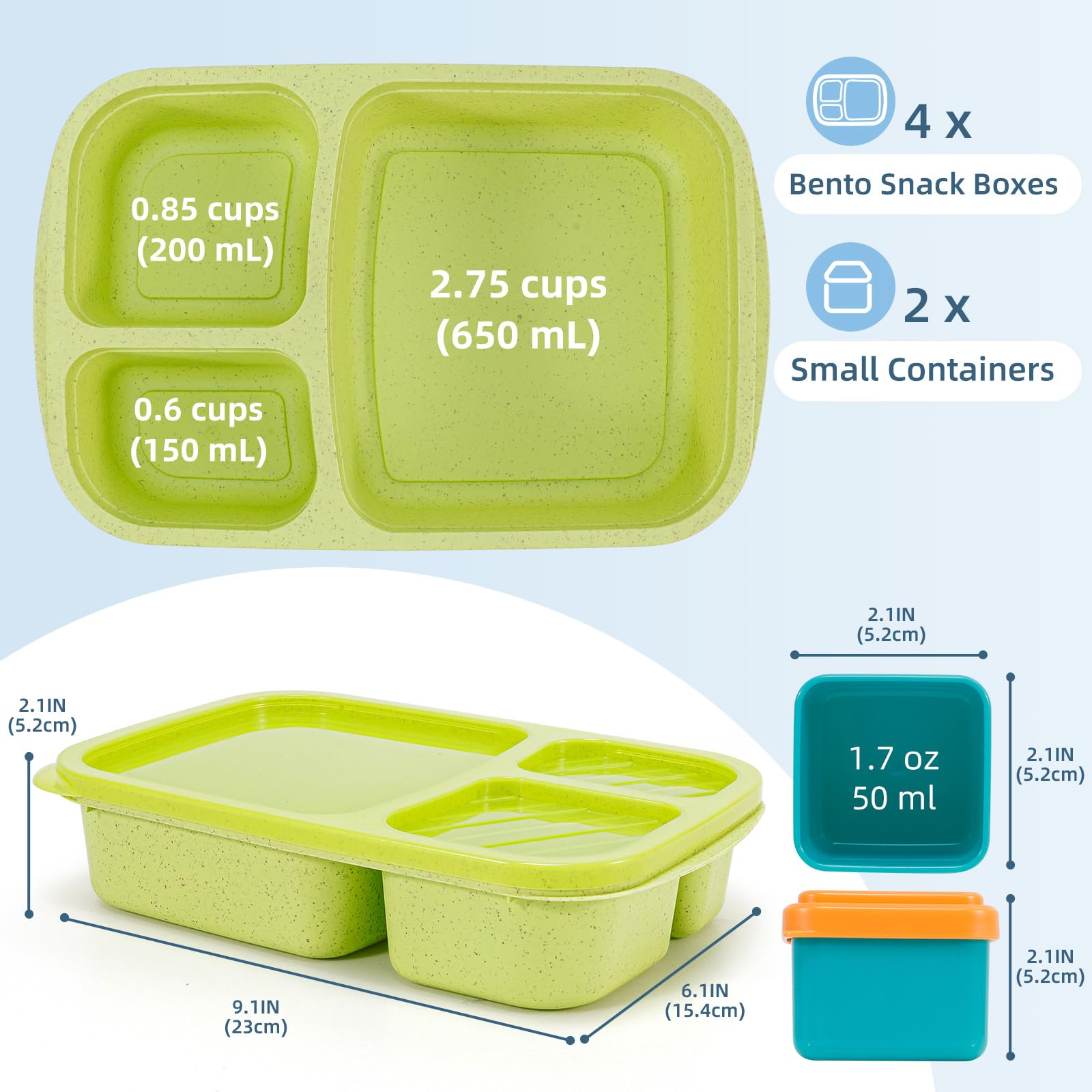 Caperci Bento Lunch Box Containers for Adults & Kids - 3-Compartment Reusable Meal Prep Containers with 2Pc Sauce Containers for School, Work, Travel, Wheat Straw, Set of 4 (Jewel Brights)