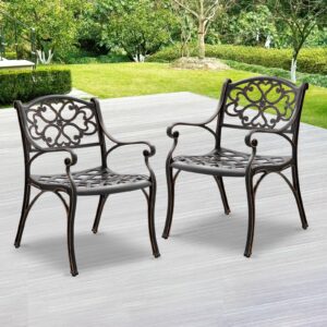 patio-in 2 pieces patio dining chairs cast aluminum bistro chair set, all weather outdoor chair with bronze maluminum frame for outdoor lawn garden (bronze)