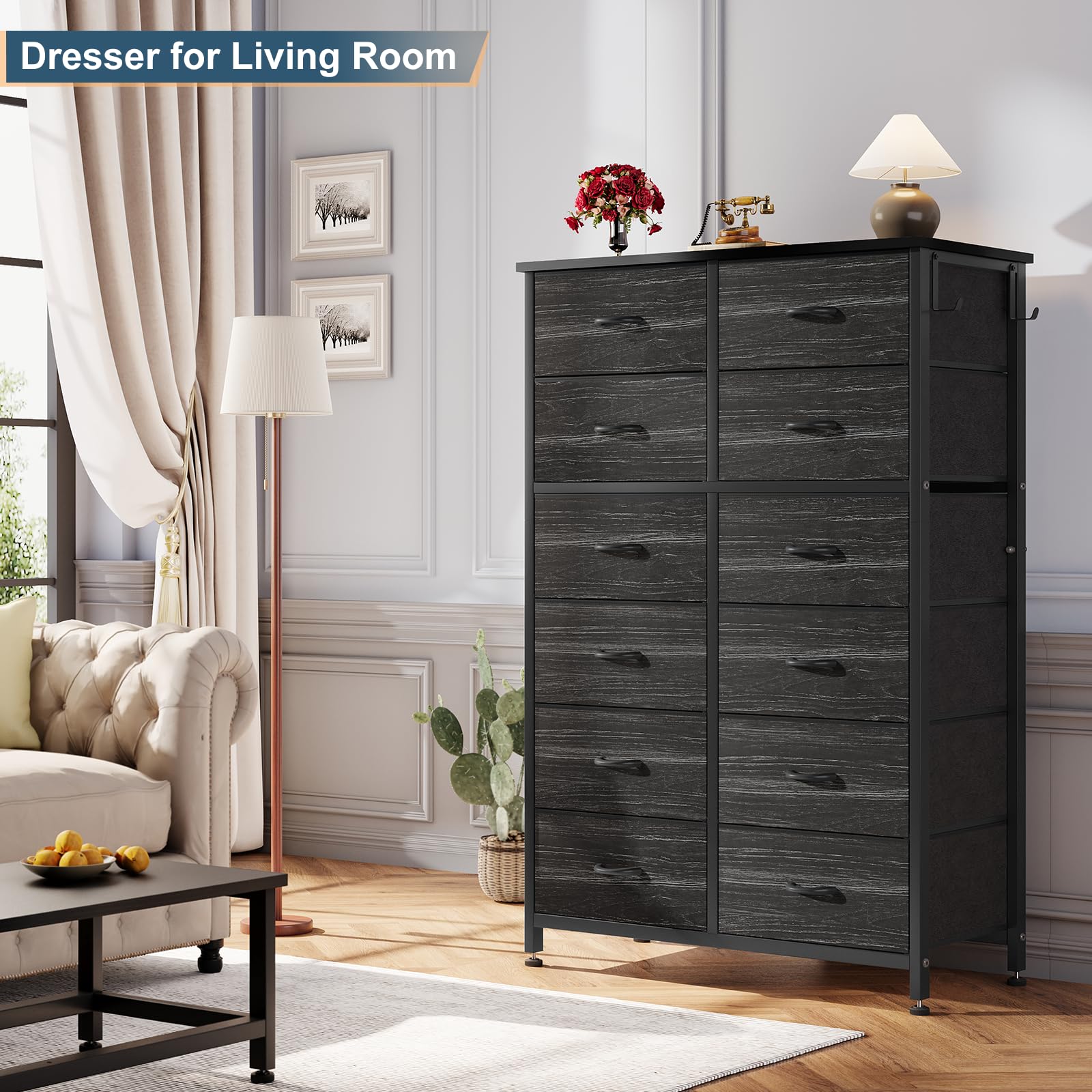 YaFiti Dresser for Bedroom, Tall Dresser with12 Drawers, Dressers Bedroom Furniture Dressers & Chest of Drawers for Clothes, Closet, Black 2pcs