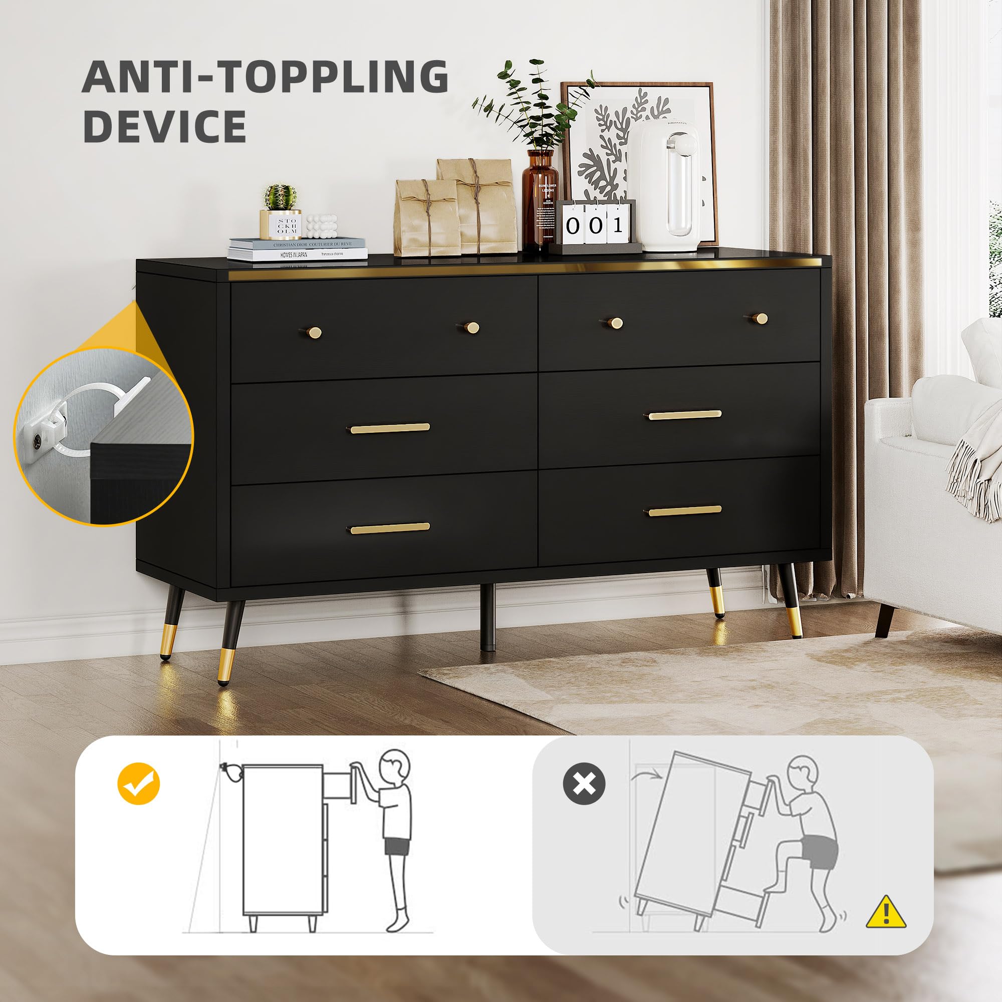 DWVO Black 6 Drawer Dresser, 47" W Large Double Dresser Chest of Drawers, Modern Wood Storage Dresser Organizer with Golden Metal Handles & Anti-Tipping Device for Hallway, Entryway, Dresser Room