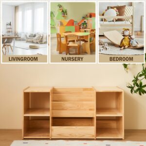 F3C | Montessori Bookshelf and Toy Storage | 3-Section Kids Bookshelf for Organizing Books | 2-Shelf Toy Organizers and Storage Cabinet | Natural Wood Bookcase with Storage | Kids Organizer