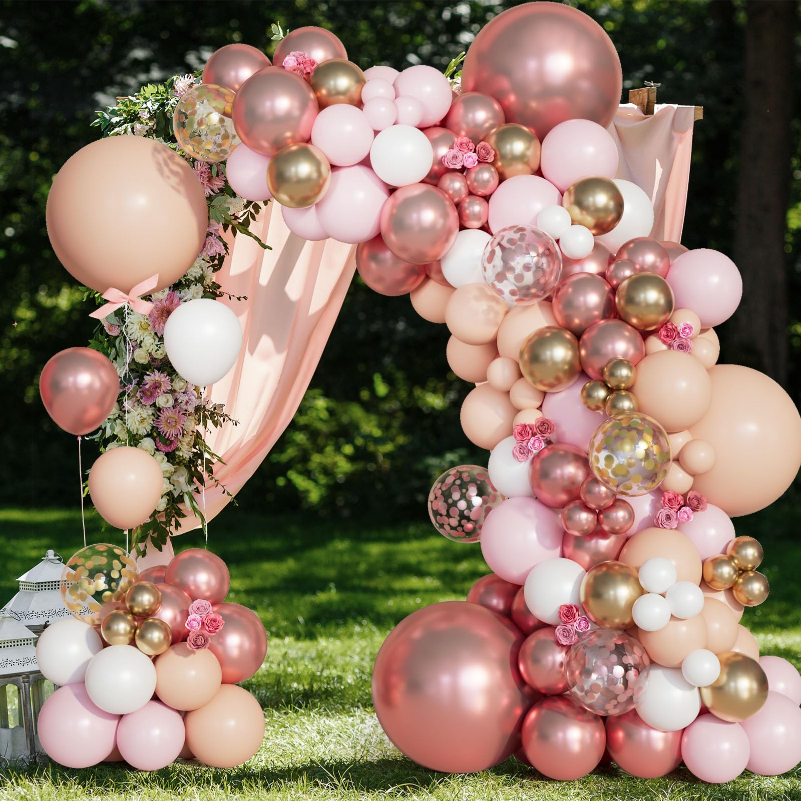 Bonropin 151Pcs Rose Gold Balloon Garland Arch Kit for Wedding Bridal Shower Birthday Baby Shower Decorations, Nude Pastel Pink Metallic Gold Matte White Rose Gold Confetti Balloons