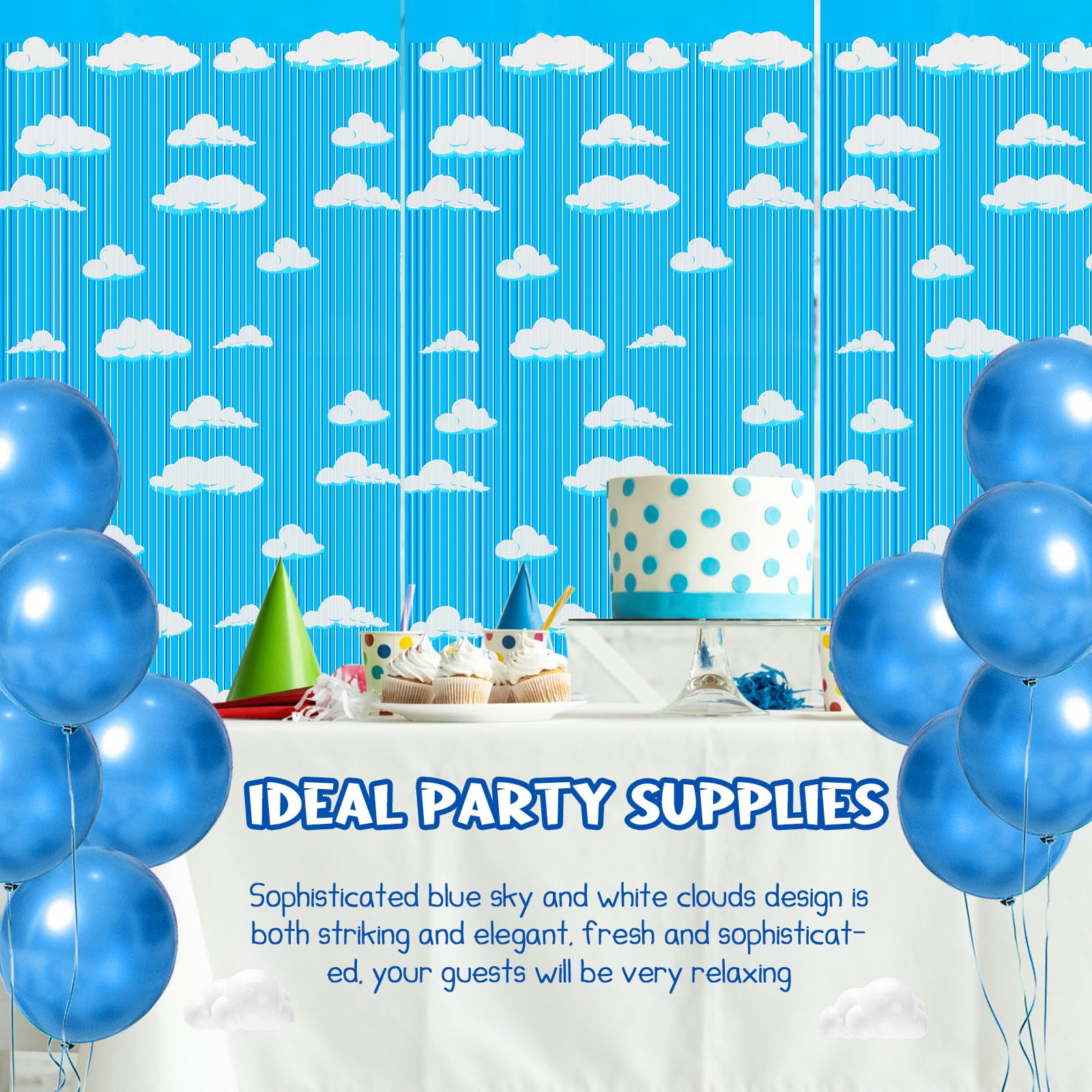 XunYee 3 Pack Blue Sky White Clouds Birthday Party Supplies, Clouds Theme Tinsel Foil Fringe Curtains Toy Party Supplies, Cartoon Story Backdrop for Baby Shower Birthday Party Decorations