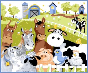 generic susybee's barnyard blues panel print cotton fabric, blue