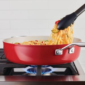 KitchenAid Hard Anodized Ceramic 5-Quart Nonstick Sauté Pan with Shatter-Resistant Lid & Riveted Handle – Durable, Even Heating, Easy Clean, Oven Safe to 500°F, Empire Red