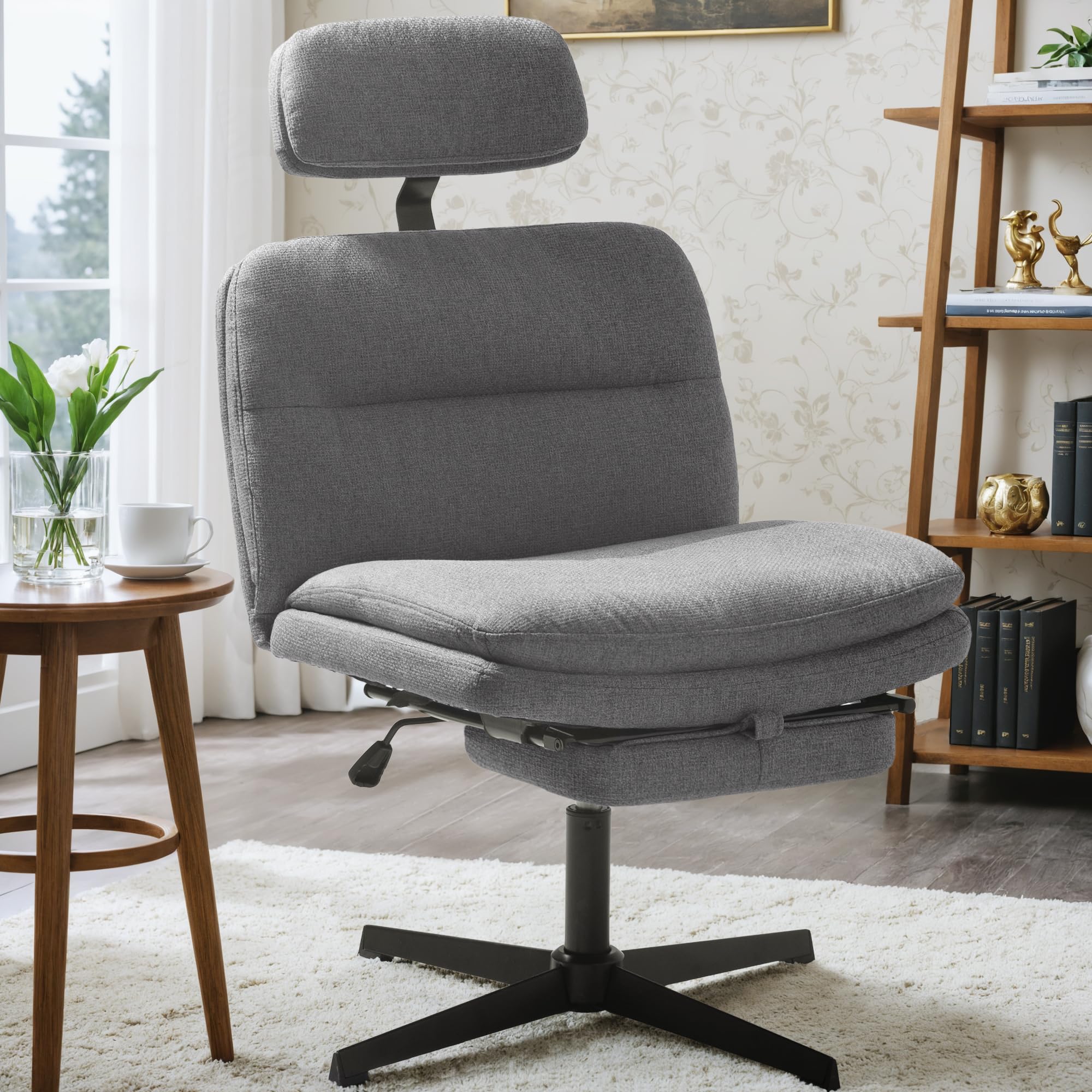 Shahoo Criss Cross Legged Chair, Armless Swivel Wide Padded Height Adjustable Fabric with Headrest&Footrest for Home Office, Grey