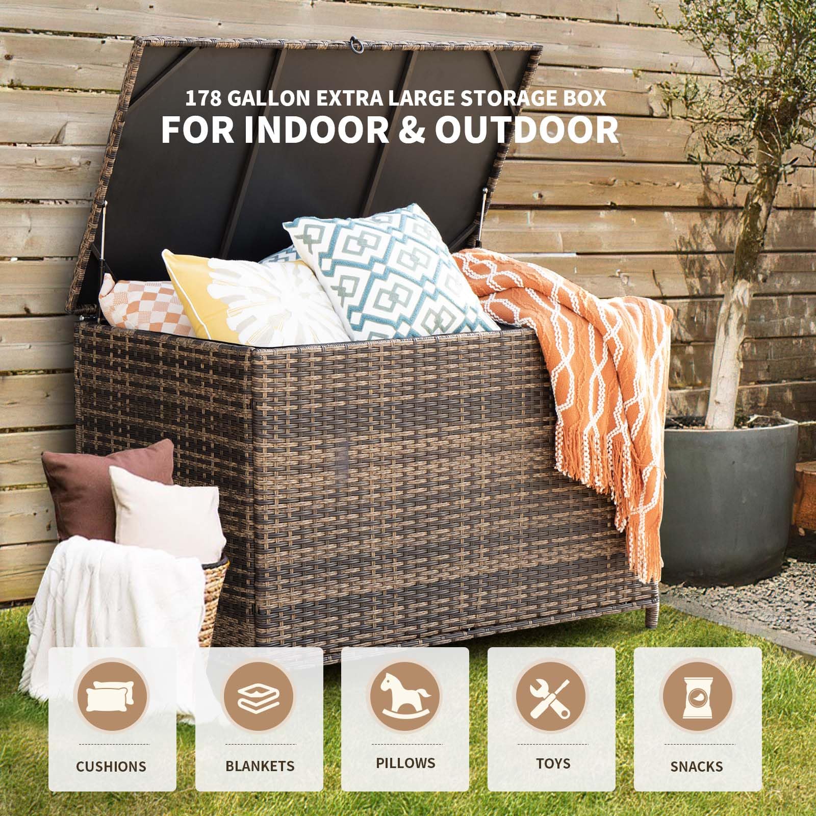 MEISSALIVVE 178 Gallon Outdoor Storage Box, Patio Deck Box with 2 Wheels, Handle Large Portable Wicker Rattan Deck Box for Patio Furniture Cushions, Throw Pillows, Garden Tools and Pool Floats (Brown)