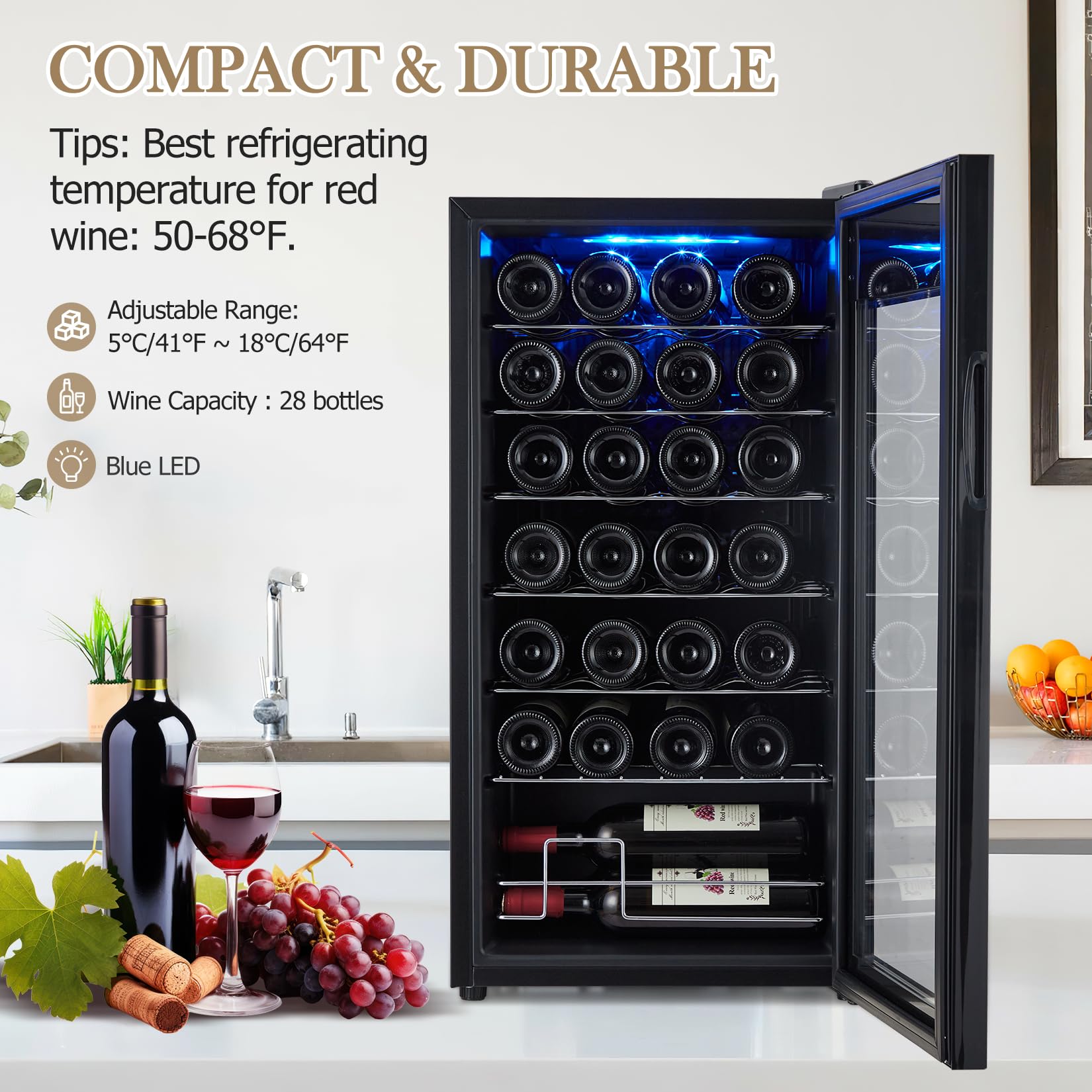 Garvee 28 Bottle Compressor Wine Cooler Refrigerator, Large Freestanding Wine Cellar For Red, White, Champagne or Sparkling Wine, Temperature Control 40-66°F Wine Cellar for Home, Office, Bar