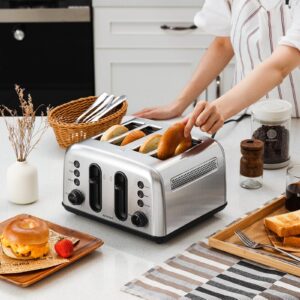 BUYDEEM DT440 4 Slice Toaster, Stainless Steel Toaster with Extra Wide Slots for Bagels, Muffins, High Lift Lever, 6 Shade Settings, Retro Sliver