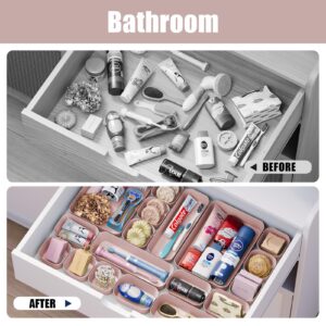 Homhut Plastic Drawer Organizers, 18 PCS Bathroom Drawer Organizer Bins, Desk and Vanity Organizer Plastic Tray, Makeup organizer and storage for Bedroom, Kitchen Gadgets Utensils and Office (Pink)