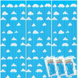 xunyee 3 pack blue sky white clouds birthday party supplies, clouds theme tinsel foil fringe curtains toy party supplies, cartoon story backdrop for baby shower birthday party decorations