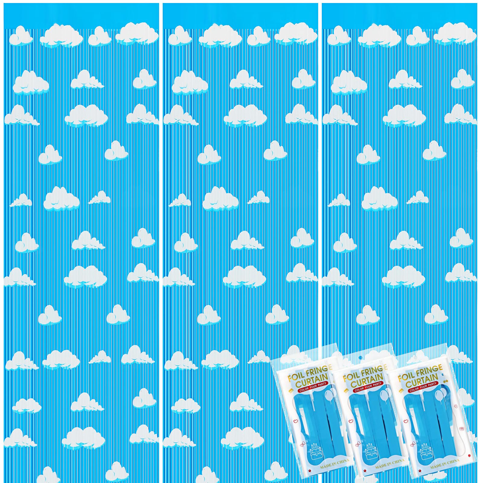 XunYee 3 Pack Blue Sky White Clouds Birthday Party Supplies, Clouds Theme Tinsel Foil Fringe Curtains Toy Party Supplies, Cartoon Story Backdrop for Baby Shower Birthday Party Decorations