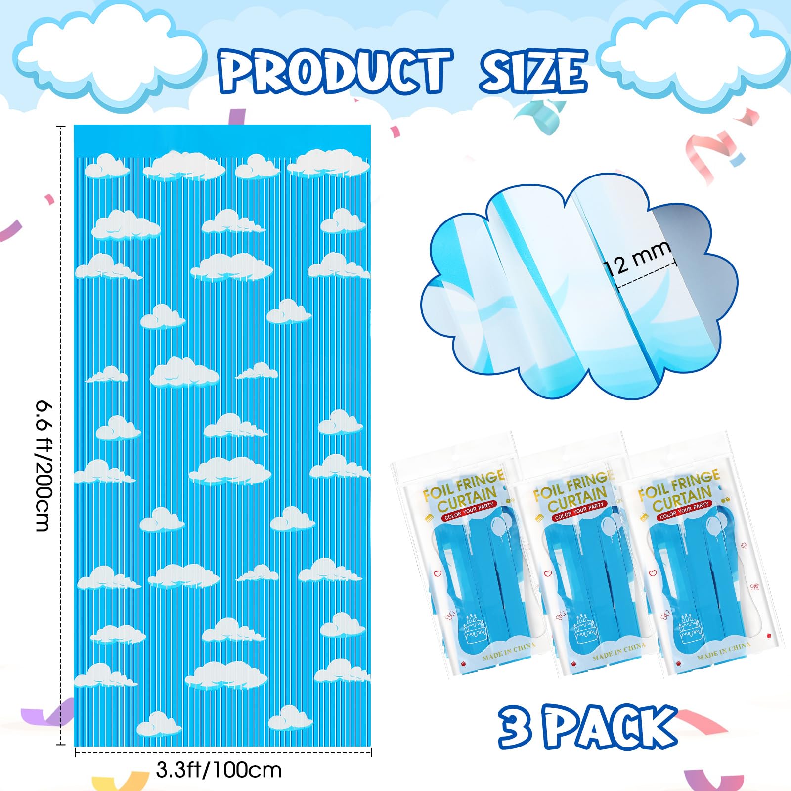 XunYee 3 Pack Blue Sky White Clouds Birthday Party Supplies, Clouds Theme Tinsel Foil Fringe Curtains Toy Party Supplies, Cartoon Story Backdrop for Baby Shower Birthday Party Decorations