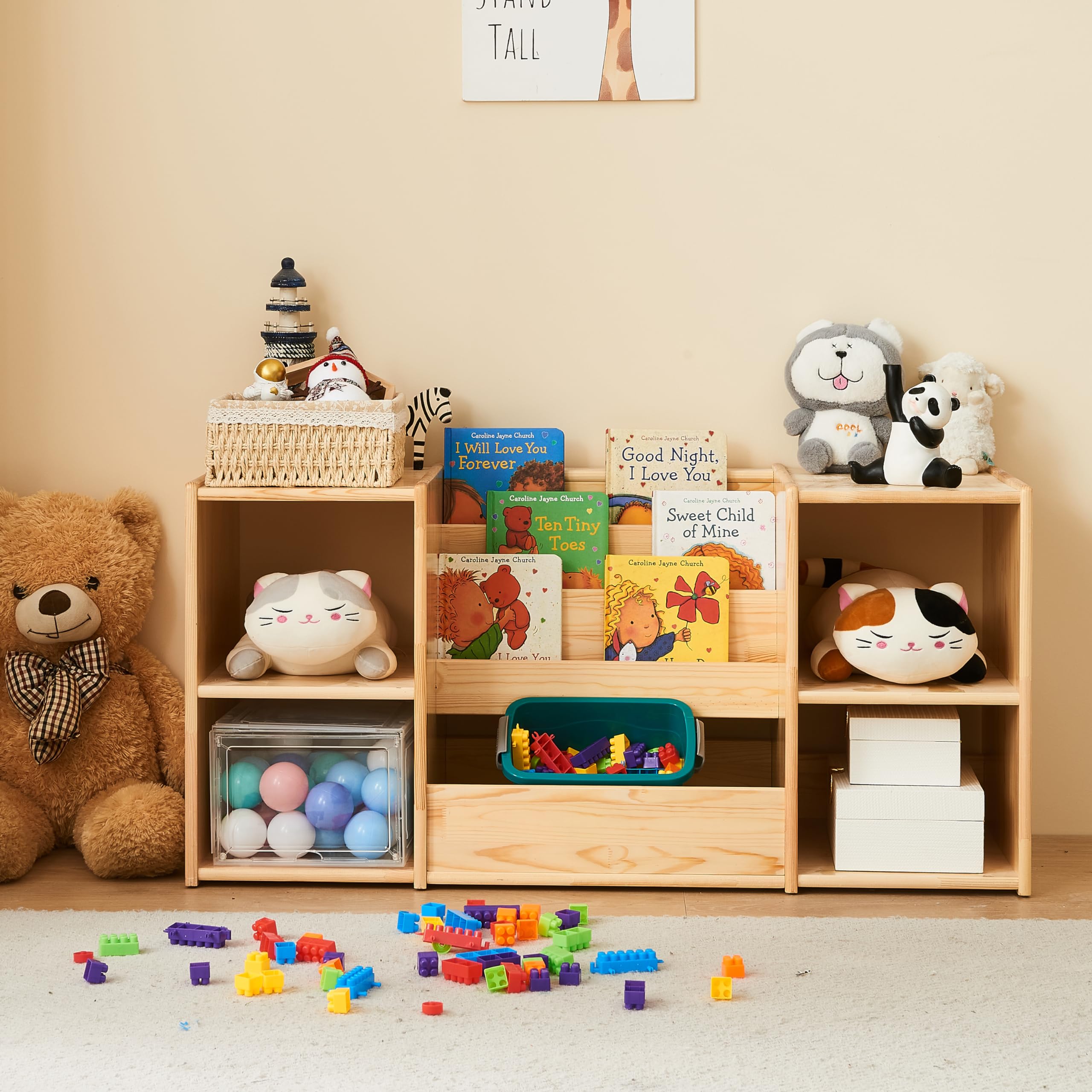 F3C | Montessori Bookshelf and Toy Storage | 3-Section Kids Bookshelf for Organizing Books | 2-Shelf Toy Organizers and Storage Cabinet | Natural Wood Bookcase with Storage | Kids Organizer