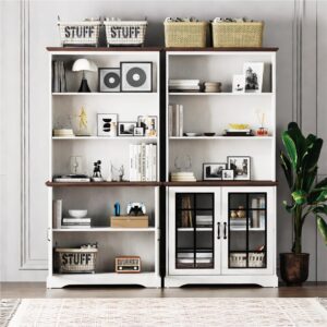 blini 5 Shelf Tall Bookcase with Glass Doors White Bookshelf 31in Wide Display Standing Storage Shelf 72in Tall Wood Book Shelves for Bedroom Living Room Office Library