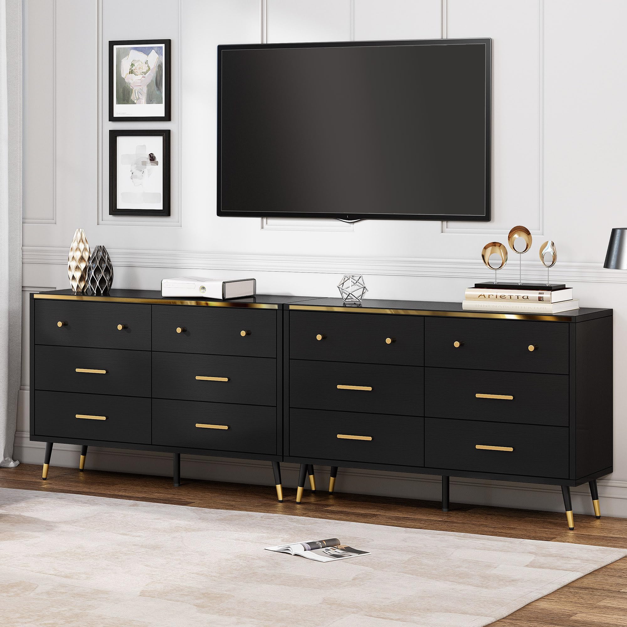 DWVO Black 6 Drawer Dresser, 47" W Large Double Dresser Chest of Drawers, Modern Wood Storage Dresser Organizer with Golden Metal Handles & Anti-Tipping Device for Hallway, Entryway, Dresser Room