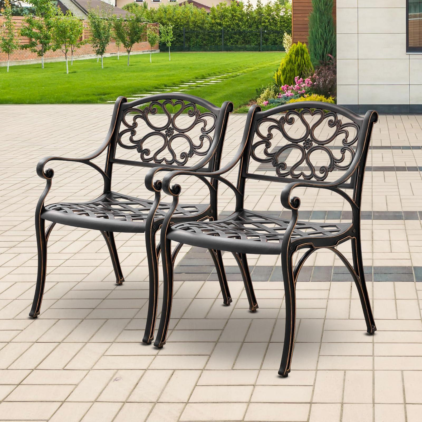 PATIO-IN 2 Pieces Patio Dining Chairs Cast Aluminum Bistro Chair Set, All Weather Outdoor Chair with Bronze MAluminum Frame for Outdoor Lawn Garden (Bronze)