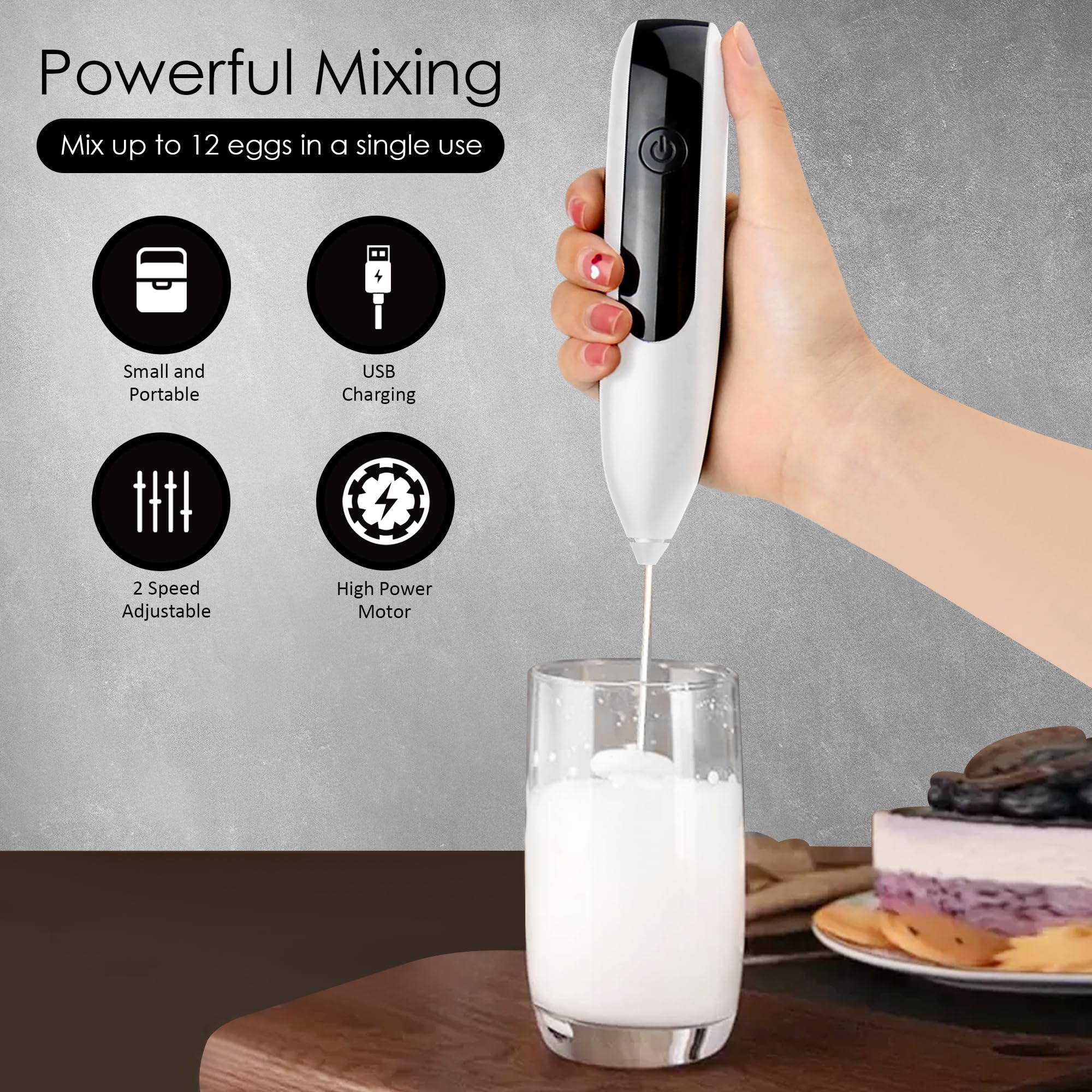 GOCHA Gadgets | Rechargeable Milk Frother Handheld with Stand | Electric Frother Mixer | Foamer for Coffee, Cappuccino, Latte, Matcha | 2 Speed Adjustable | Portable Type-C Wireless Charging | (White)