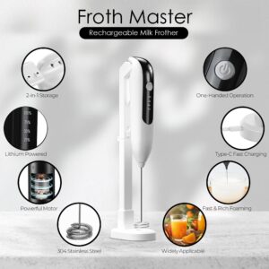 GOCHA Gadgets | Rechargeable Milk Frother Handheld with Stand | Electric Frother Mixer | Foamer for Coffee, Cappuccino, Latte, Matcha | 2 Speed Adjustable | Portable Type-C Wireless Charging | (White)