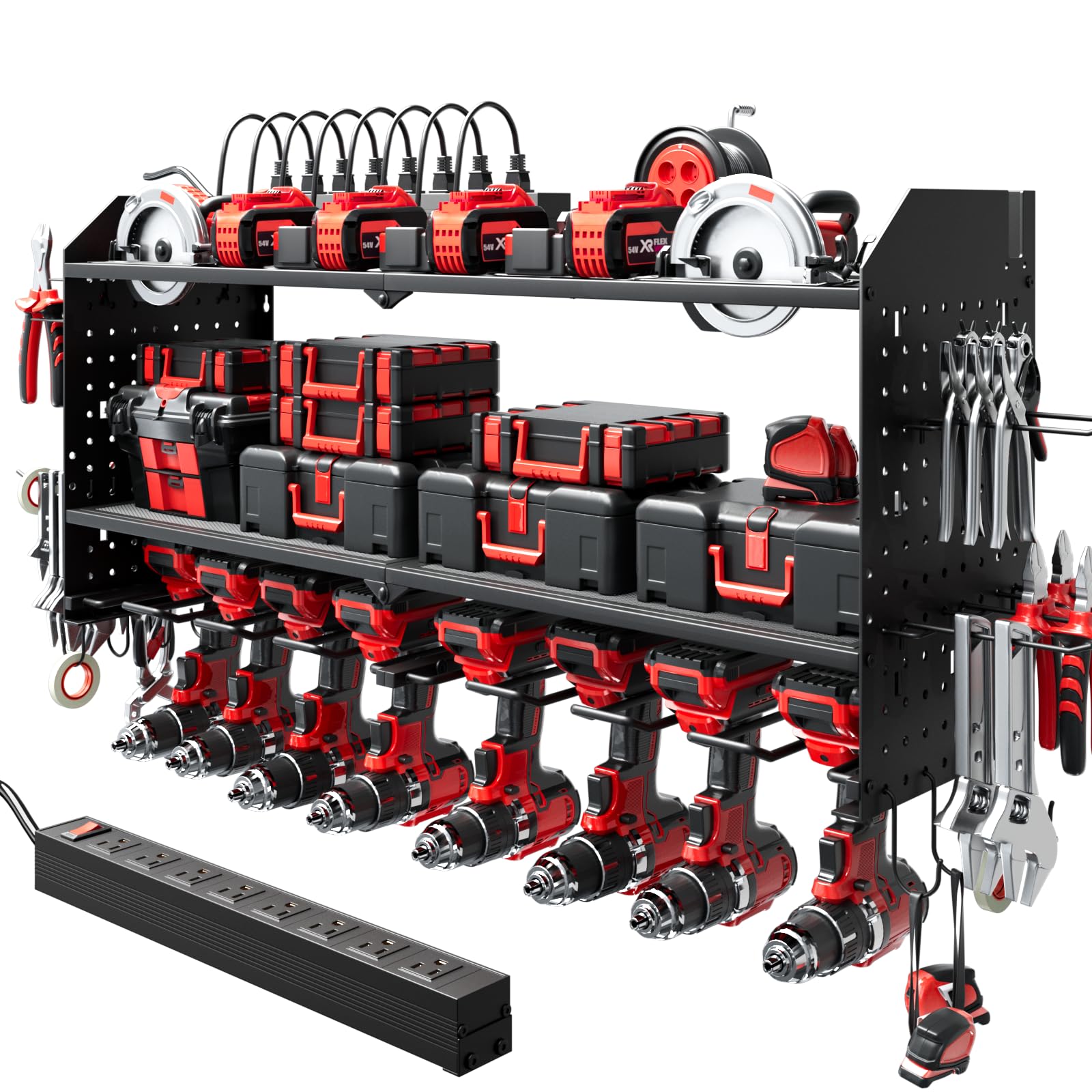 WIWIDRM Upgrade Power Tool Organizer Wall Mount with Charging Station,Tool Holder and Storage Rack for Garage Organization,Heavy Duty Metal Tool Organizer with Drill Holder/Plier Holder/Hammer Holder