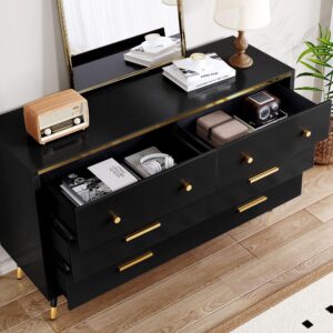 DWVO Black 6 Drawer Dresser, 47" W Large Double Dresser Chest of Drawers, Modern Wood Storage Dresser Organizer with Golden Metal Handles & Anti-Tipping Device for Hallway, Entryway, Dresser Room