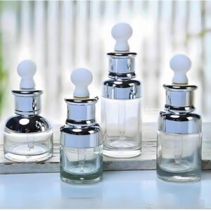 Luxury Clear Glass Dropper Bottles - Thick 2oz (50ml) Leakproof Eye Dropper Bottles for Essential Oils, Perfumes, Face Serums, Beauty & Personal Care, Tinctures, Travel (2oz. Silver)