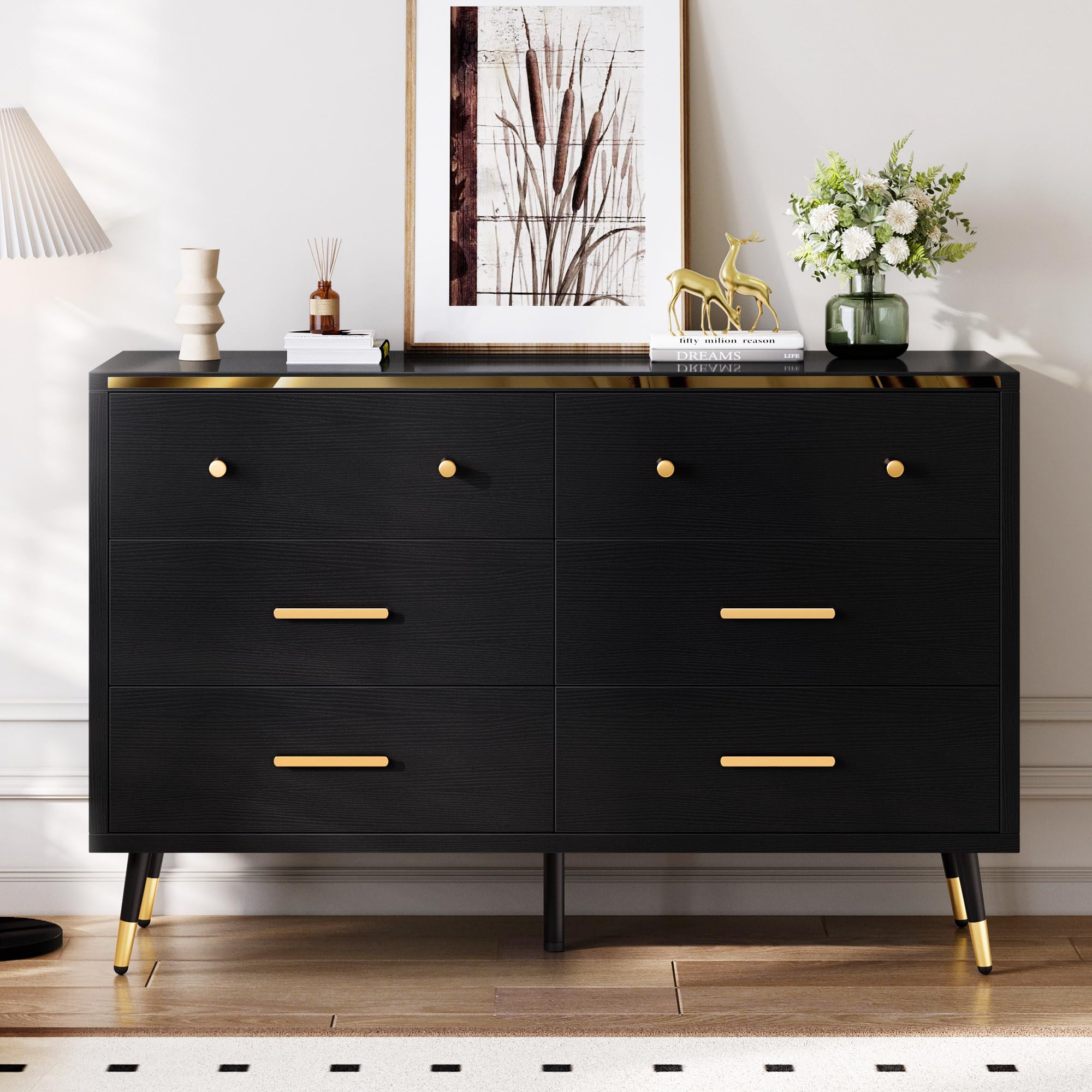 DWVO Black 6 Drawer Dresser, 47" W Large Double Dresser Chest of Drawers, Modern Wood Storage Dresser Organizer with Golden Metal Handles & Anti-Tipping Device for Hallway, Entryway, Dresser Room