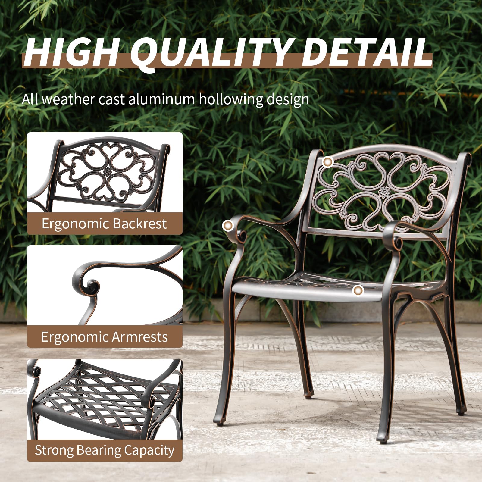 PATIO-IN 2 Pieces Patio Dining Chairs Cast Aluminum Bistro Chair Set, All Weather Outdoor Chair with Bronze MAluminum Frame for Outdoor Lawn Garden (Bronze)