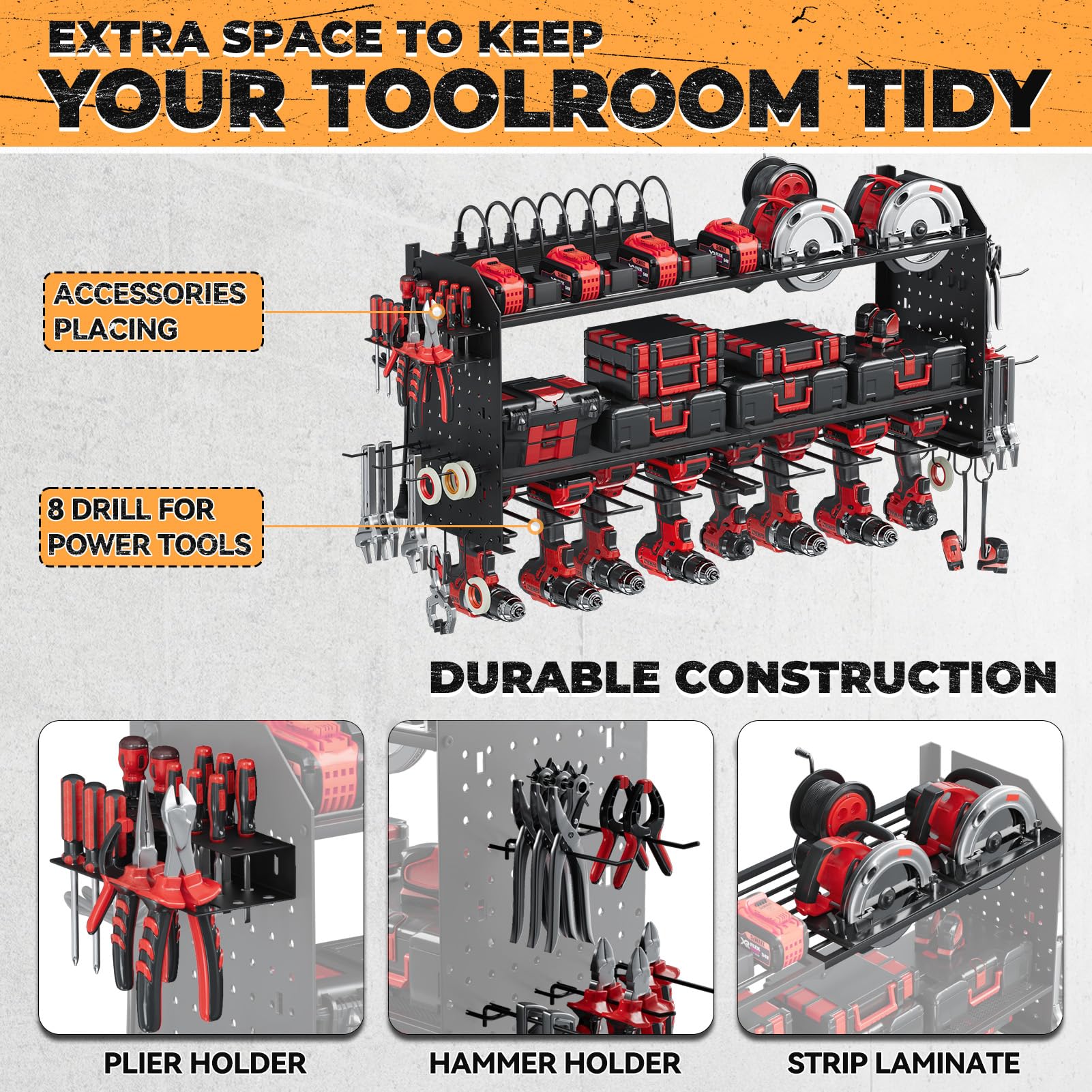 WIWIDRM Upgrade Power Tool Organizer Wall Mount with Charging Station,Tool Holder and Storage Rack for Garage Organization,Heavy Duty Metal Tool Organizer with Drill Holder/Plier Holder/Hammer Holder