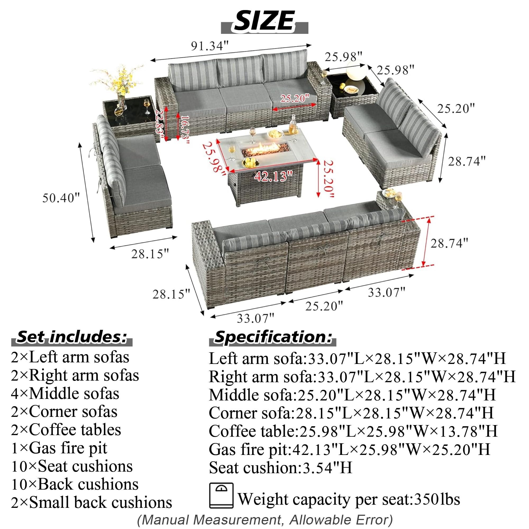 HOOOWOOO 13 Piece Modular Patio Outdoor Sectional Furniture Set with Gas Propane Fire Pit Table,Wicker Conversation Sofa Set,Out Door Couch Set with Wide Arm Outside(Grey Stripes)