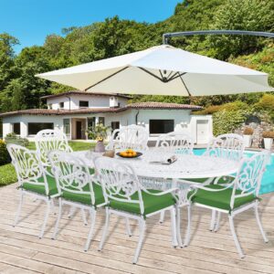 W WARMHOL 9-Piece Patio Dining Set, Outdoor Patio Table and Chair Set of 84” Oval Cast Aluminum Dining Table with Umbrella Hole and 8 Outdoor Dining Cushion Chairs, Patio Funiture Set, White