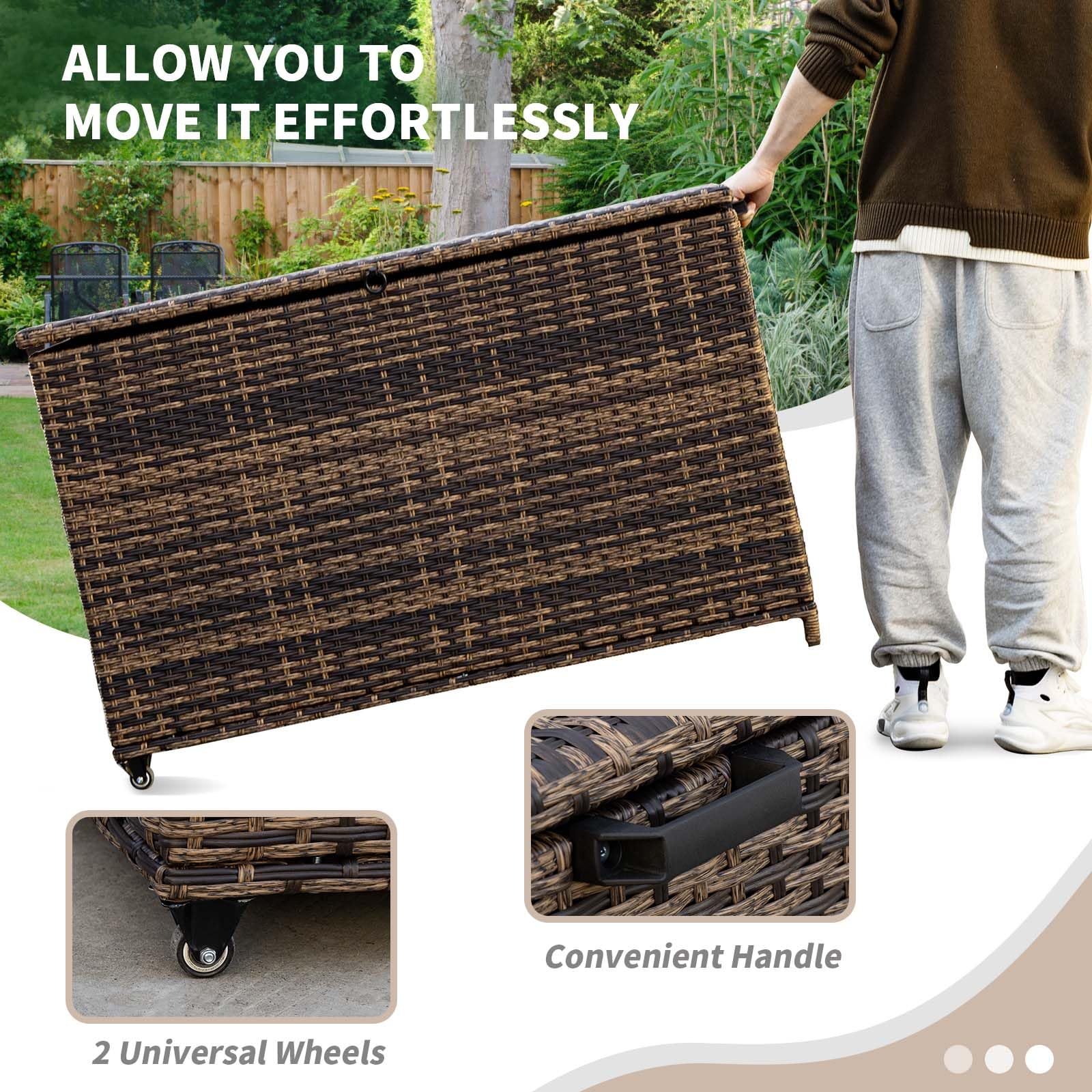 MEISSALIVVE 178 Gallon Outdoor Storage Box, Patio Deck Box with 2 Wheels, Handle Large Portable Wicker Rattan Deck Box for Patio Furniture Cushions, Throw Pillows, Garden Tools and Pool Floats (Brown)