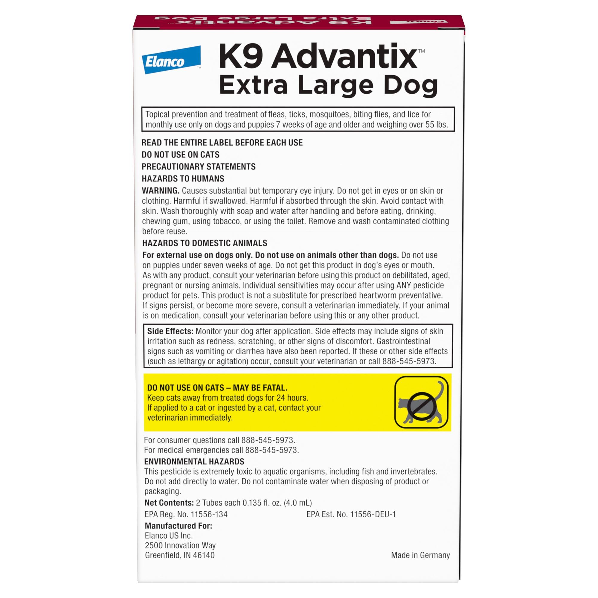 K9 Advantix Flea, Tick & Mosquito Prevention for Dogs Over 55 lbs. | Flea Drops for Extra Large Dogs | Apply Monthly | 2 Treatments