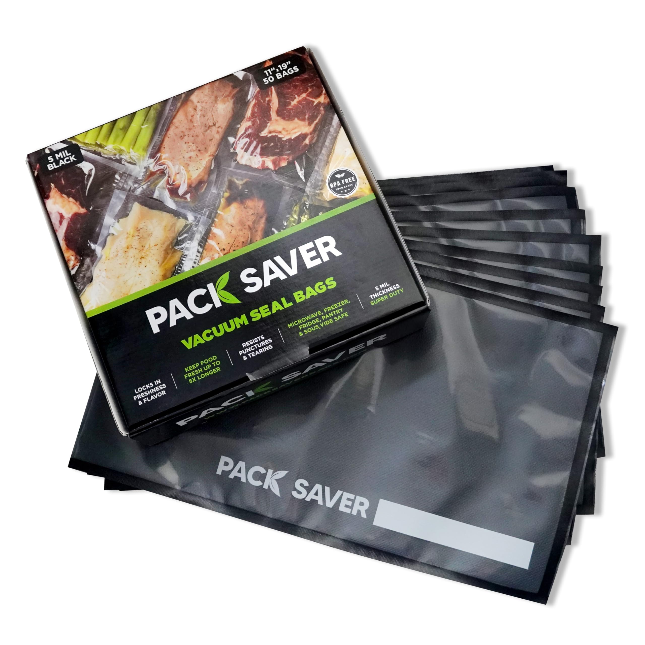 Pack Saver Vacuum Seal Bags 50 Commercial Grade PreCut Bags for Ultimate Food Preservation, Airtight Food Vac Bags for Storage, Meal Prep or Sous Vide, BPA Free, Black and Clear (11" x 19")