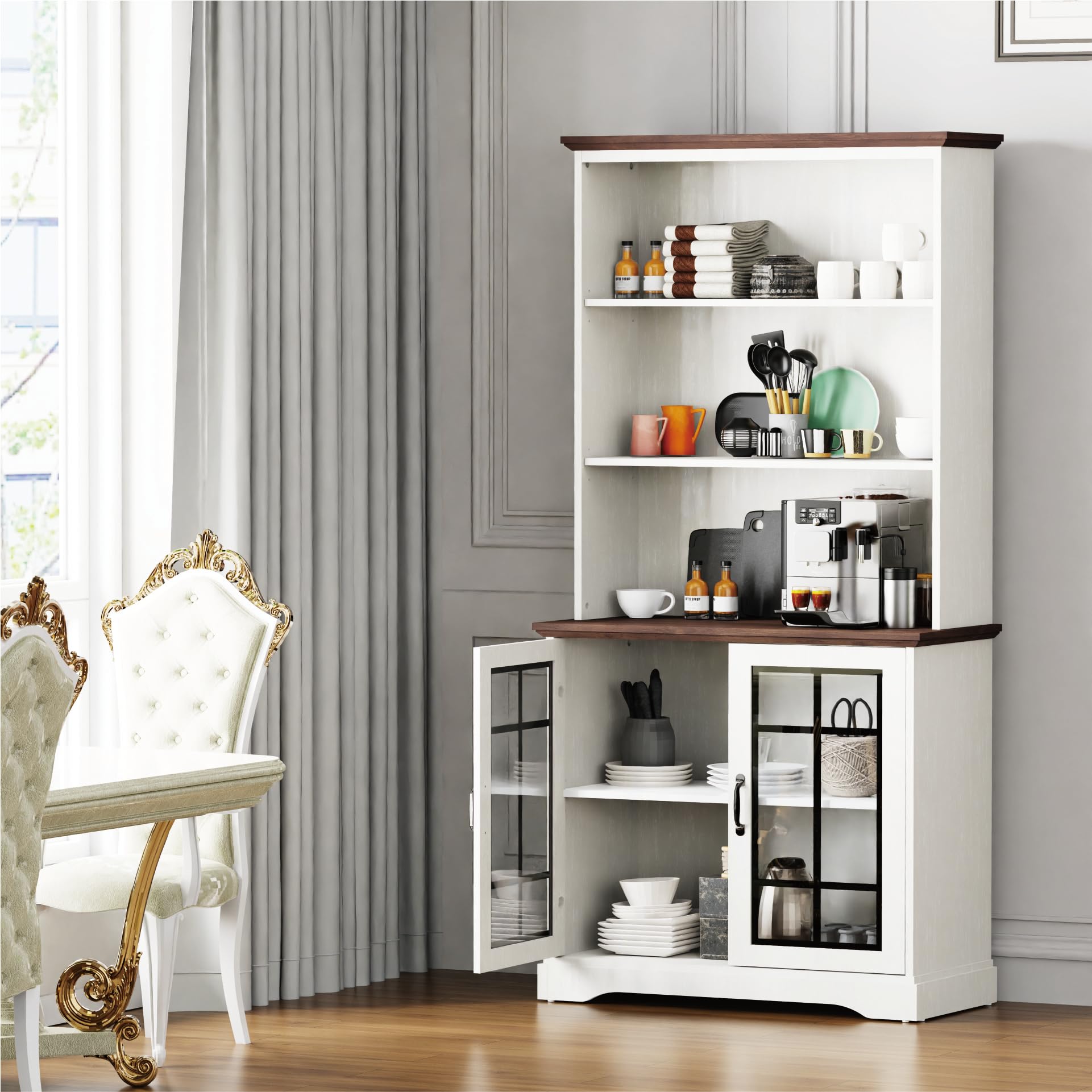 blini 5 Shelf Tall Bookcase with Glass Doors White Bookshelf 31in Wide Display Standing Storage Shelf 72in Tall Wood Book Shelves for Bedroom Living Room Office Library