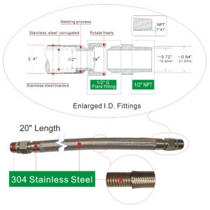 Industrial Grade Compressor Jumper Hose, 1/2" NPT Male x 20" Length, 750°F，450 PSI，Both Sides Fittings Rotate Freely，Flexible Whole body Stainless Steel Metal Hose