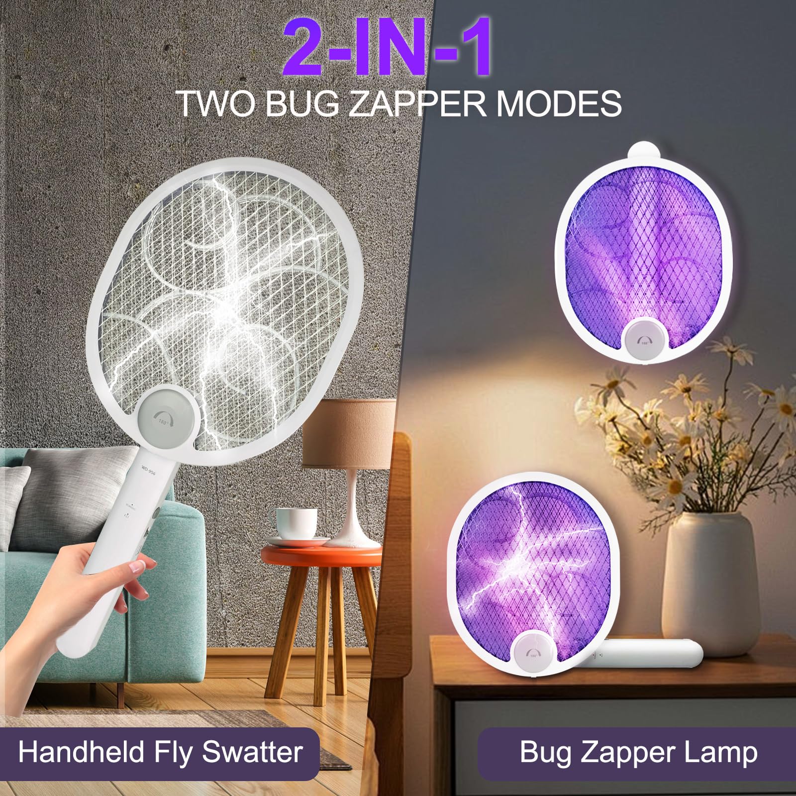 Foldable Electric Fly Swatter Racket, USB Rechargeable with 1200mAh Battery, Large 2 in 1 Bug Zapper Racket, Fly Killer and Mosquito Trap Lamp, for Indoor and Outdoor Home Backyard Patio Camping