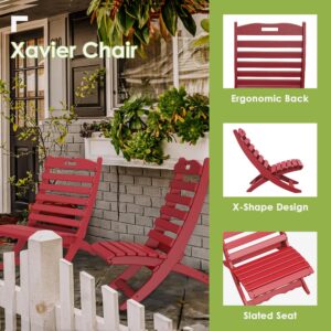 GREENVINES Folding-Xavier-Chairs Set of 4 | Wave | Portable Adirondack-Chair | HDPE Plastic | All Weather Fire-Pit Chair | Red | for Beach Outdoor Deck Poolside Garden Patio Porch Fishing