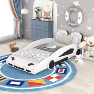 kttek twin size race car-shaped platform bed with wheels,cartoon bed frame w/slat support & easy to assemble, for boys for kids teens,white